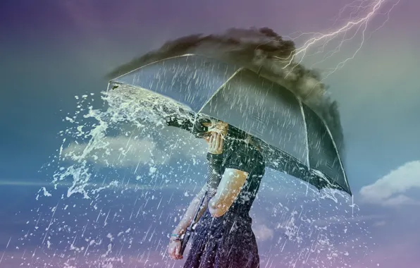 Картинка девушка, дождь, молния, ситуация, зонт
