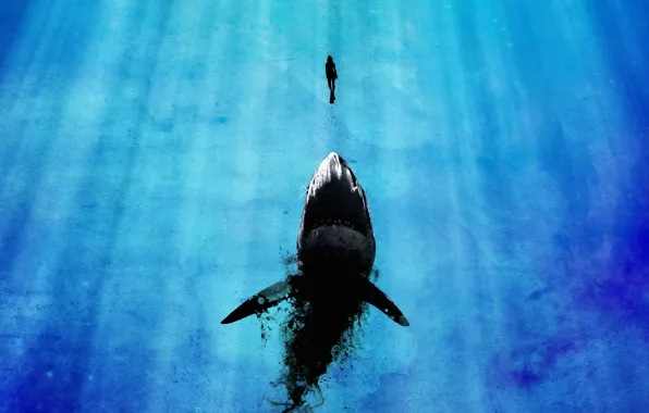 Картинка девушка, мега-акула, лучи света