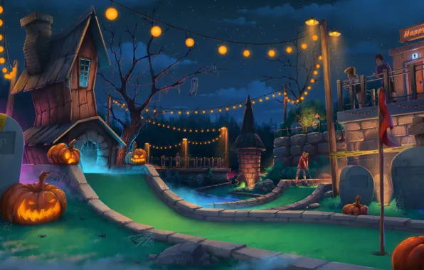 Пауки, паутина, фонари, тыквы, Halloween Mini Putt