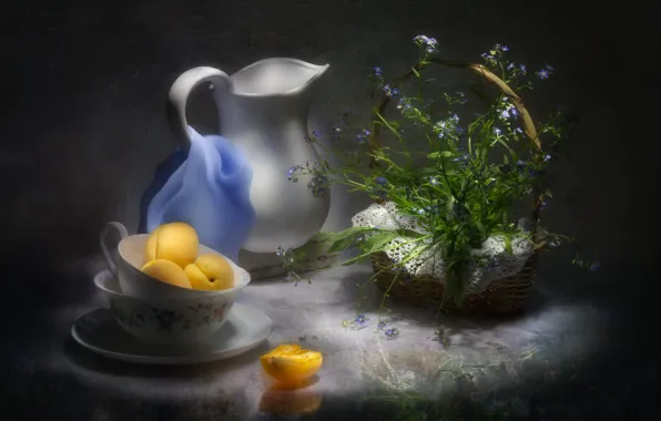 Цветы, кувшин, незабудки, абрикосы