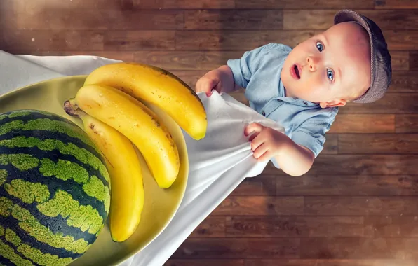 Картинка мальчик, арбуз, бананы