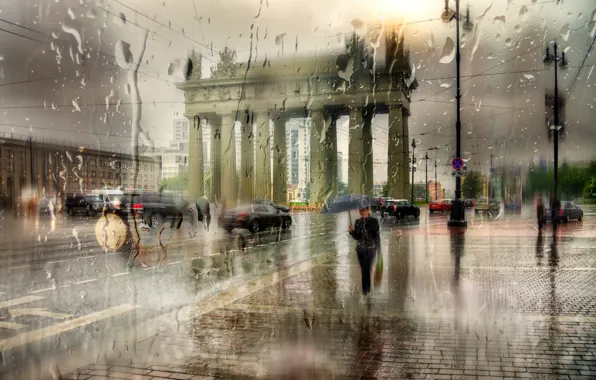 Девушка, капли, город, дождь, зонт, Санкт-Петербург, Московские ворота