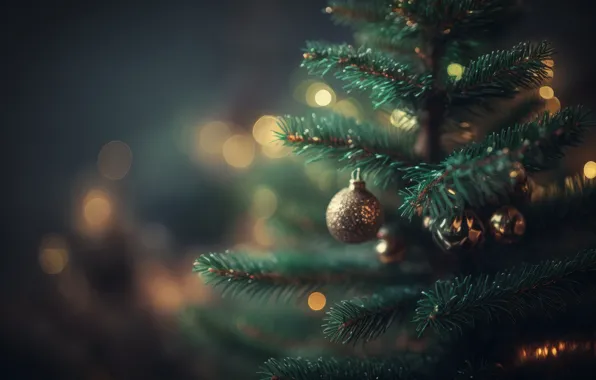 Скачать обои шарики, свет, огни, ель, размытие, Рождество, Новый год