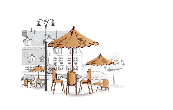 Картинка деревья, окна, стулья, дома, зонтики, фонарь, столики, уличное кафе