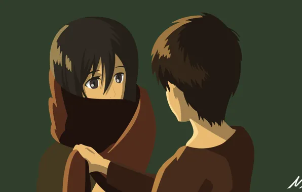 Дети, аниме, арт, Shingeki no Kyojin, Эрен Йегер, Атака титанов, Вторжение гигантов, Микаса Акерман