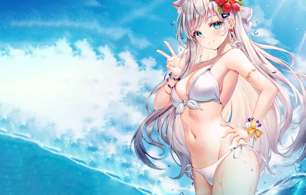 Girl, sexy, cleavage, long hair, sea, boobs, anime, blue eyes