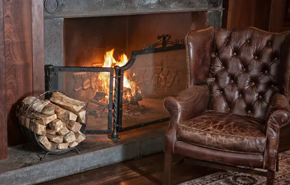 Fire, chair, comfort, armchair, carpet, firewood, bunch, domestic