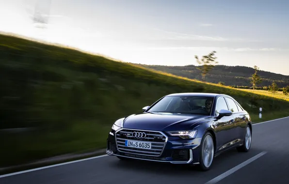 Картинка Audi, скорость, седан, тёмно-синий, Audi A6, 2019, Audi S6