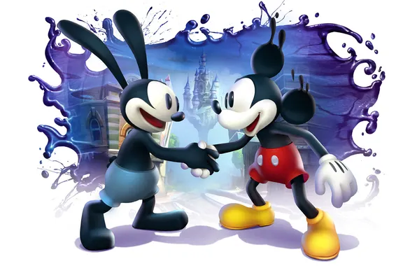 Картинка замок, краски, белый фон, дисней, рукопожатие, Epic Mickey 2, The Power of Two