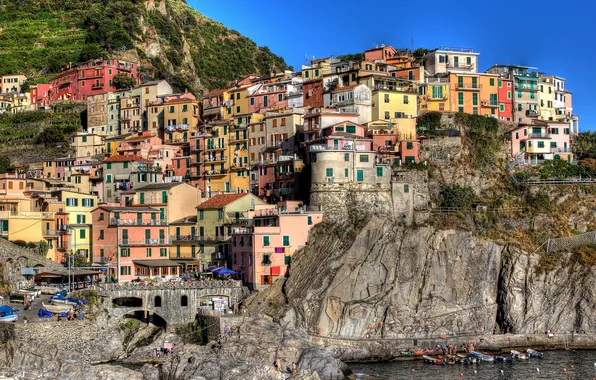 Скала, здания, дома, Италия, Italy, Manarola, Манарола, Cinque Terre