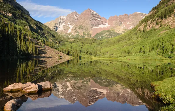 Лес, горы, озеро, отражение, склоны, Colorado, Maroon Lake, Maroon Bells