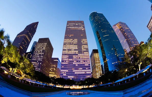 Картинка дома, небоскребы, вечер, США, ракурс, Houston, Хьюстон, фотоэффект