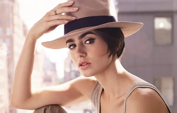 Картинка actor, hat, short hair, ring, brunette, actress, tank, lily collins