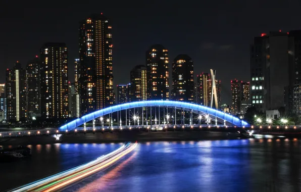 Картинка ночь, мост, огни, здания