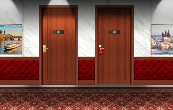 Hotel, door, carpet, Praha, hallway, picture frame