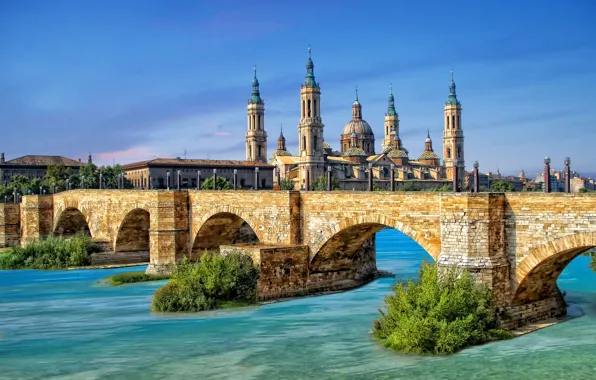 Картинка небо, мост, Испания, Сарагоса, Базилика-де-Нуэстра-Сеньора-дель-Пилар, река Эбро