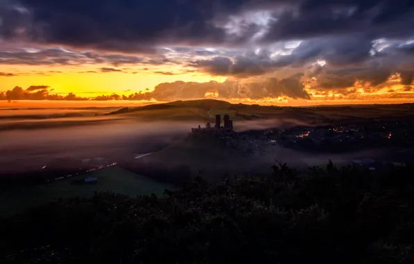 Картинка осень, закат, Corfe Castle, Dorset, The Narratographer