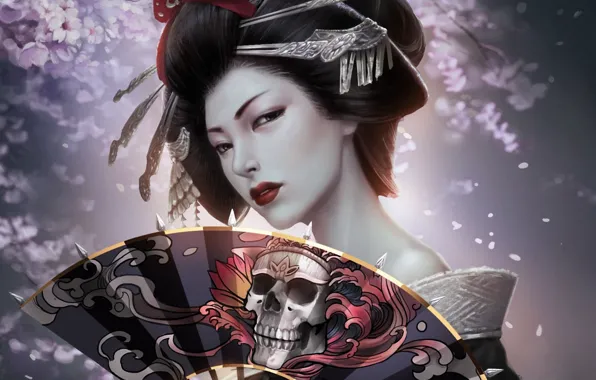 Картинка девушка, череп, сакура, веер, арт, прическа, гейша, кимоно