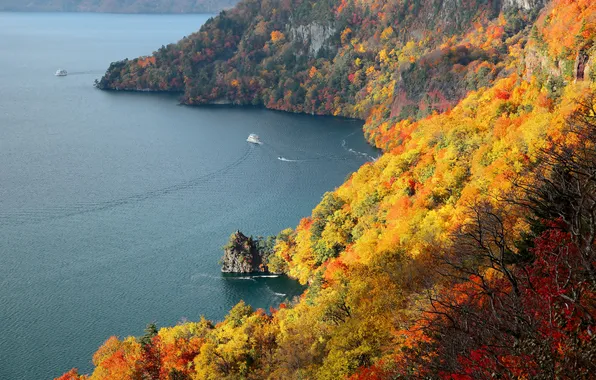 Картинка море, осень, деревья, горы, корабль, катер
