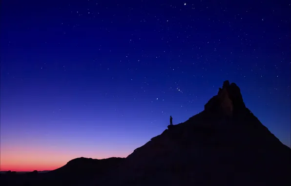 Картинка небо, звезды, закат, ночь, скалы, человек, вечер