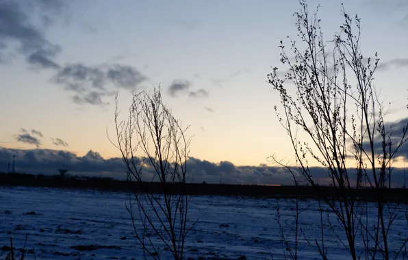 Картинка зима, поле, небо, облака, снег, закат, земля, вечер