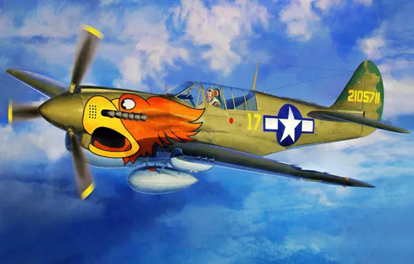 Fighter, war, art, airplane, painting, P-40N Warhawk `The 502nd FS`