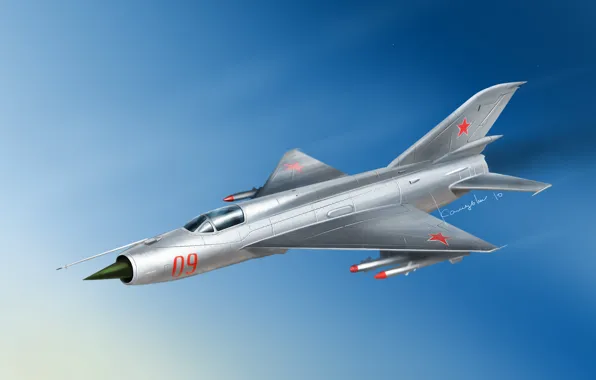 Полет, рисунок, истребитель, МиГ 21