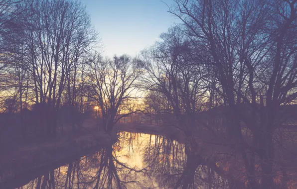 River, trees, bridge, sunset, water, sundown, reflections, silhouettes