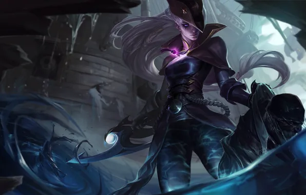 Взгляд, девушка, меч, шляпа, Diana, Лига Легенд, League Of Legends, всплески воды