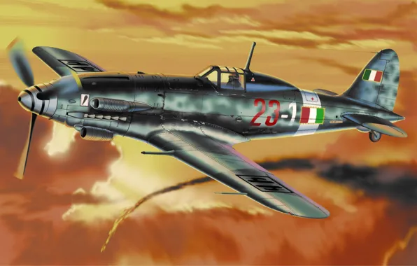Картинка war, art, airplane, painting, aviation, ww2, Macchi C.205 Veltro