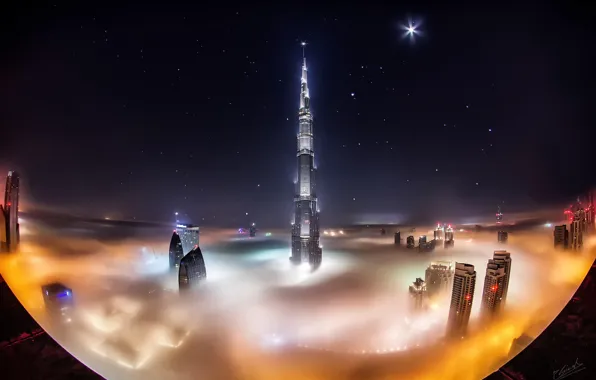 Картинка звезды, облака, ночь, город, туман, Дубай, Dubai, небоскрёбы, ОАЭ, башня Бурдж-Халифа