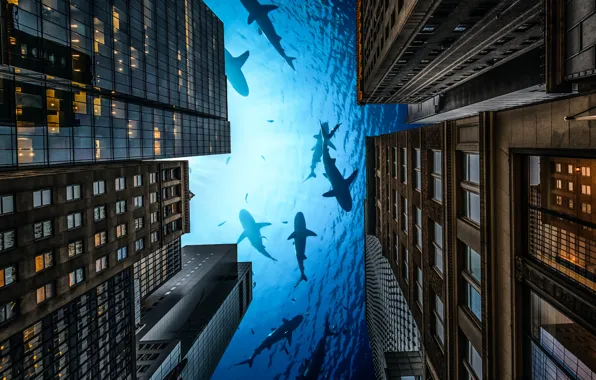 Картинка город, дома, акулы