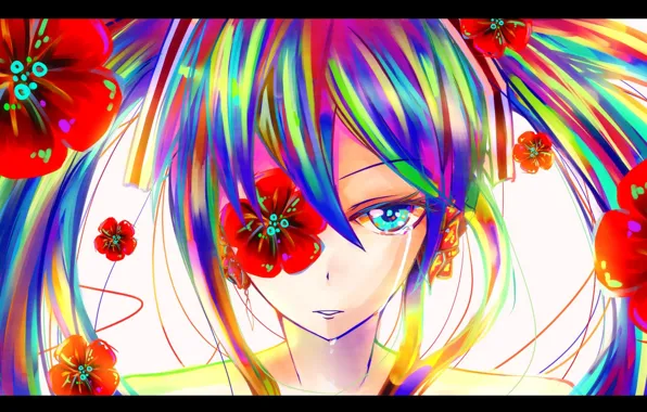 Девушка, цветы, мак, colorful, слезы, арт, vocaloid, hatsune miku