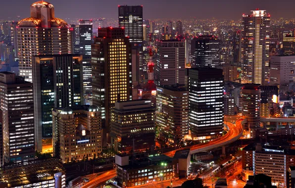 Ночь, дома, небоскребы, Япония, высотки, Osaka.