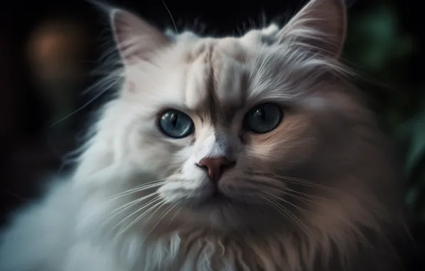 Кошка, белый, кот, взгляд, портрет, пушистый, арт, голубые глаза