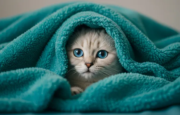 Кошка, взгляд, поза, уют, котенок, лежит, плед, голубые глаза