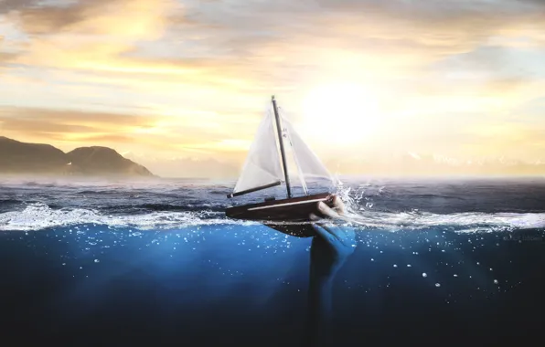Картинка море, лодка, рука