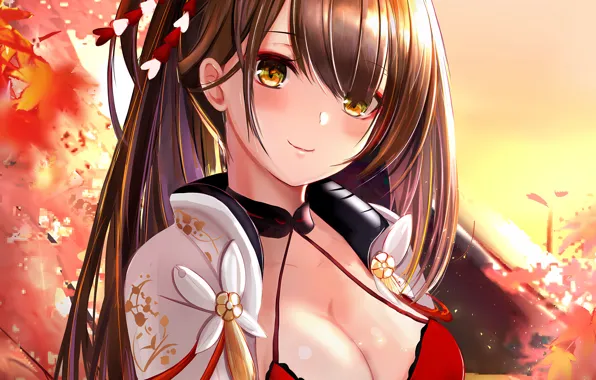 Girl, sexy, cleavage, long hair, brown hair, boobs, anime, beautiful
