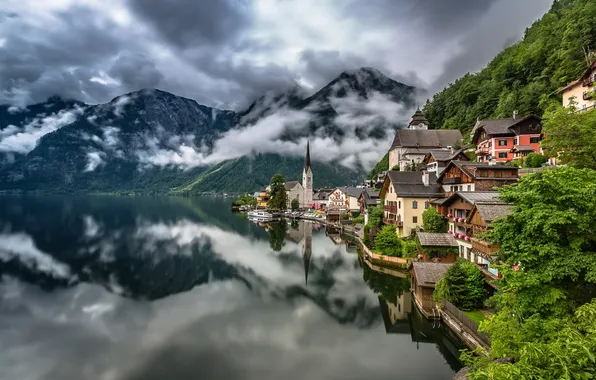 Картинка лес, горы, природа, город, дома, austria, Salzkammergut, Hallstatt