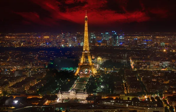 Картинка ночь, город, огни, эйфелева башня, Франция, панорамма