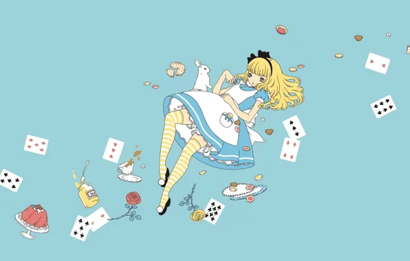 Сладости, Alice in Wonderland, Алиса в Стране Чудес, голубой фон, Alice, невесомость, фартук, полосатые чулки