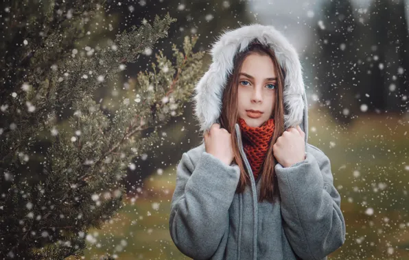 Картинка снег, портрет, капюшон, девочка, мех, Giorgi Solomnishvili