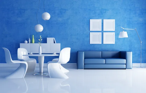 Картинка синий, стол, комната, диван, стулья, интерьер, вазы