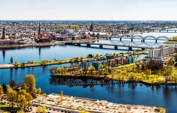 Картинка пейзаж, река, дома, панорама, мосты, Рига, Латвия