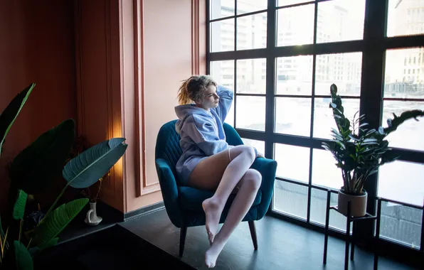 Girl, model, women, blonde, armchair, sweater, sweatshirt, by the window