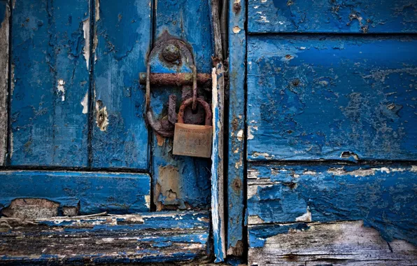 Картинка wood, door, padlock, blue paint