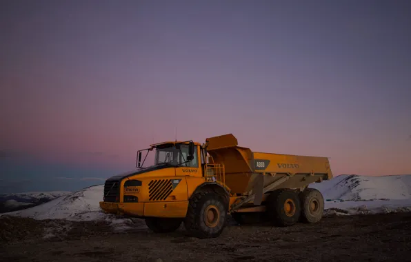 Volvo, Sky, Snow, Truck, Evening, Cold, Dump Truck, Construction Machine