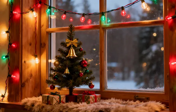 Картинка зима, снег, шары, елка, окно, Рождество, balls, winter