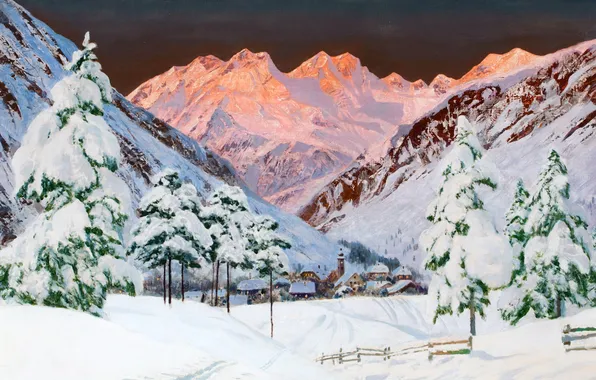 Дома, Зима, Горы, Деревья, Снег, Картина, Alois Arnegger, Алоис Арнеггер