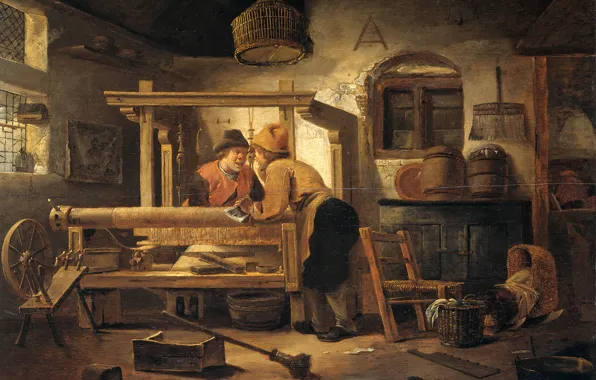 Масло, интерьер, картина, 1659, Cornelis Gerritsz Decker, Корнелис Герритс Декер, Ткацкая мастерская